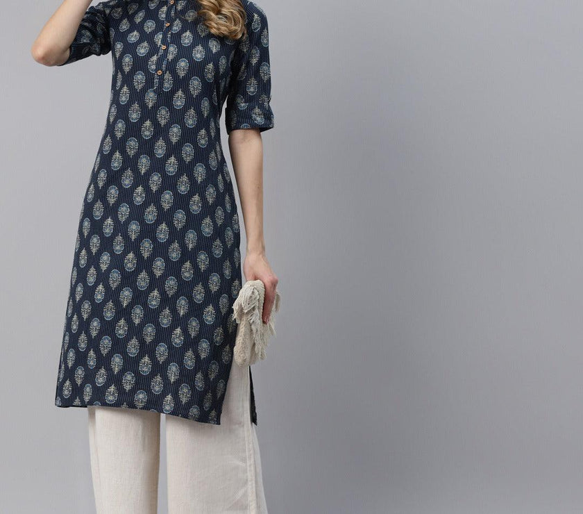 Divena Indigo Blue Cotton Straight Kurta - divena world