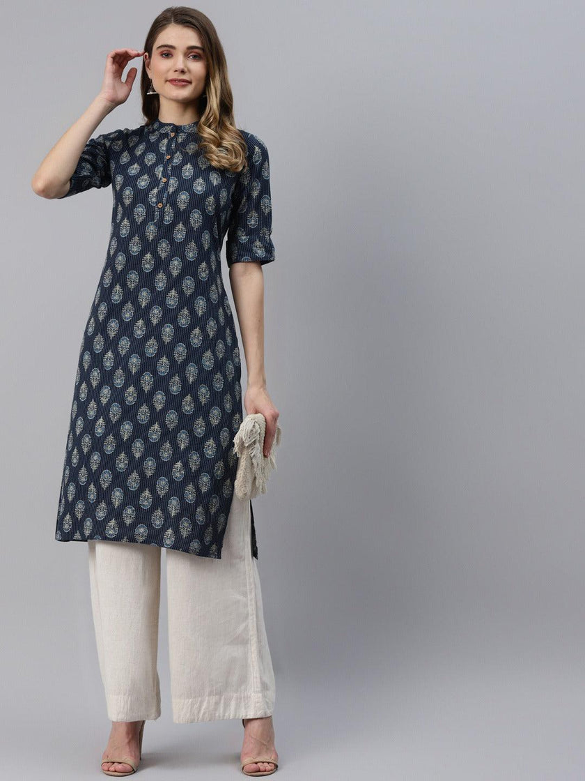 Divena Indigo Blue Cotton Straight Kurta - divena world