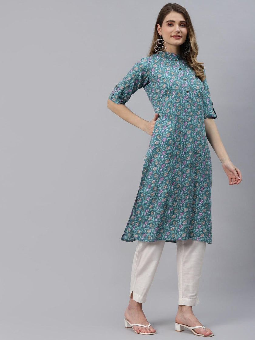 Divena Sea Green Cotton Straight Kurta - divena world