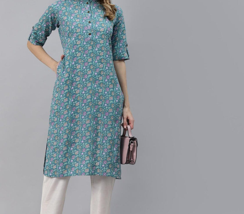 Divena Sea Green Cotton Straight Kurta - divena world