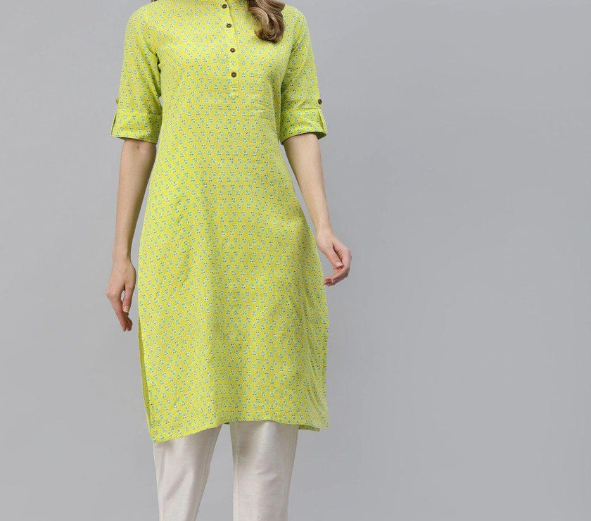 Divena Yellow And Green Cotton Straight Kurta - divena world