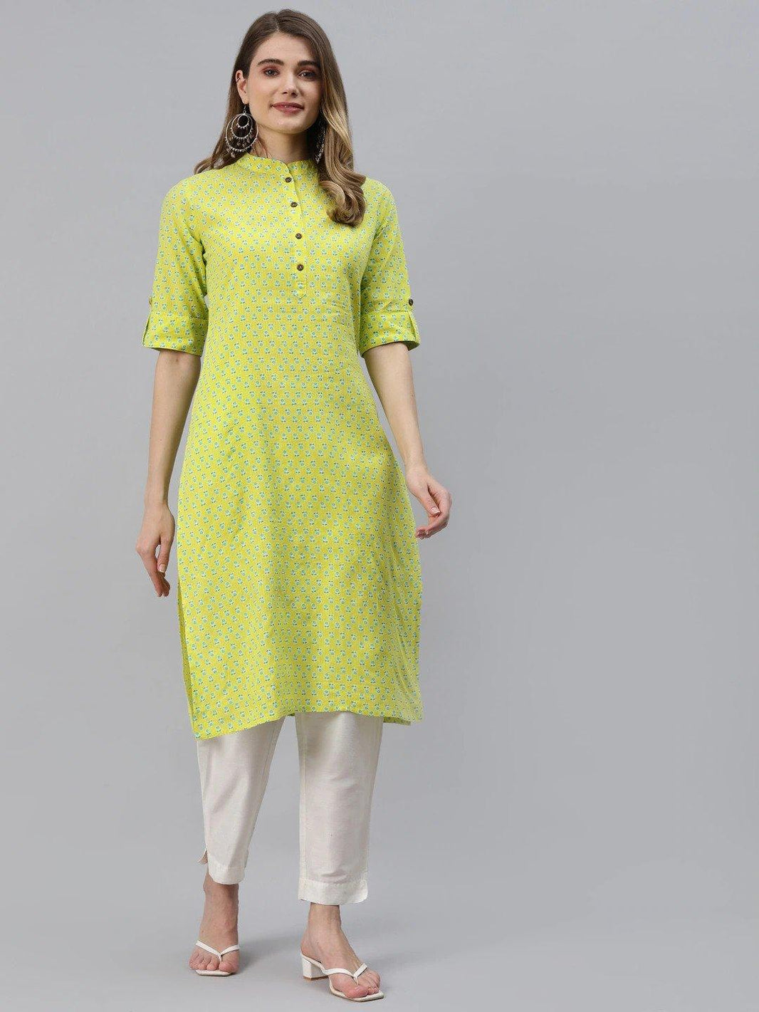 Divena Yellow And Green Cotton Straight Kurta - divena world