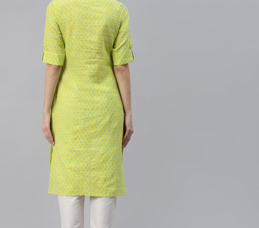 Divena Yellow And Green Cotton Straight Kurta - divena world