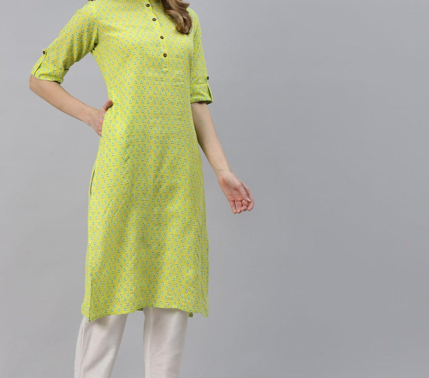 Divena Yellow And Green Cotton Straight Kurta - divena world