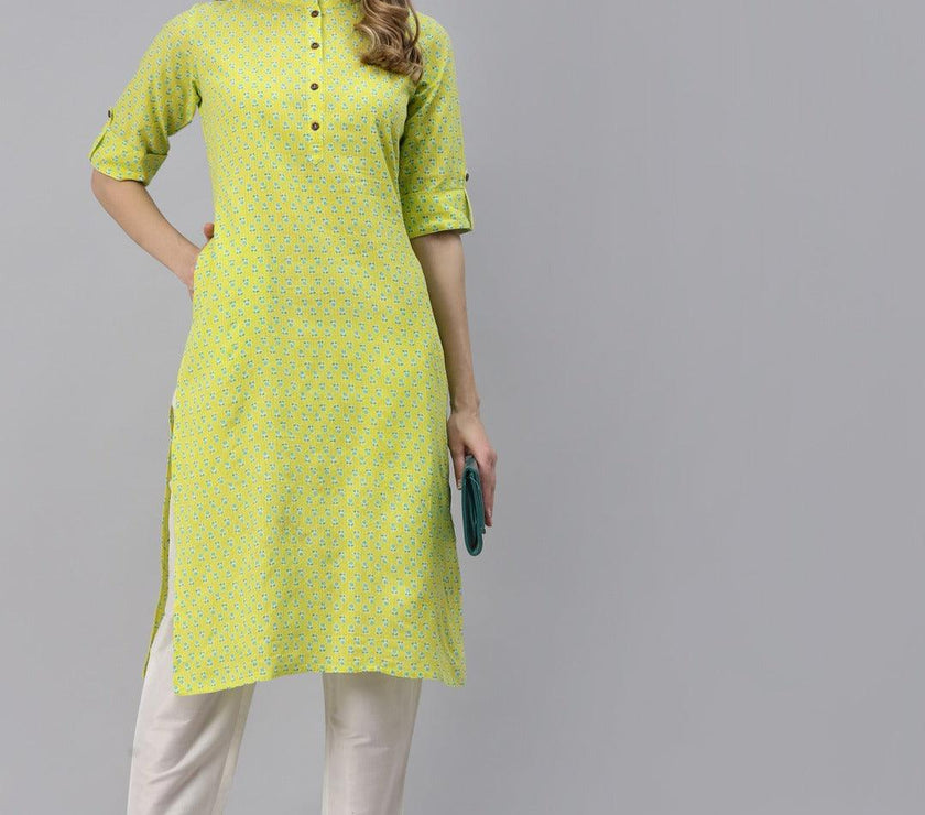 Divena Yellow And Green Cotton Straight Kurta - divena world