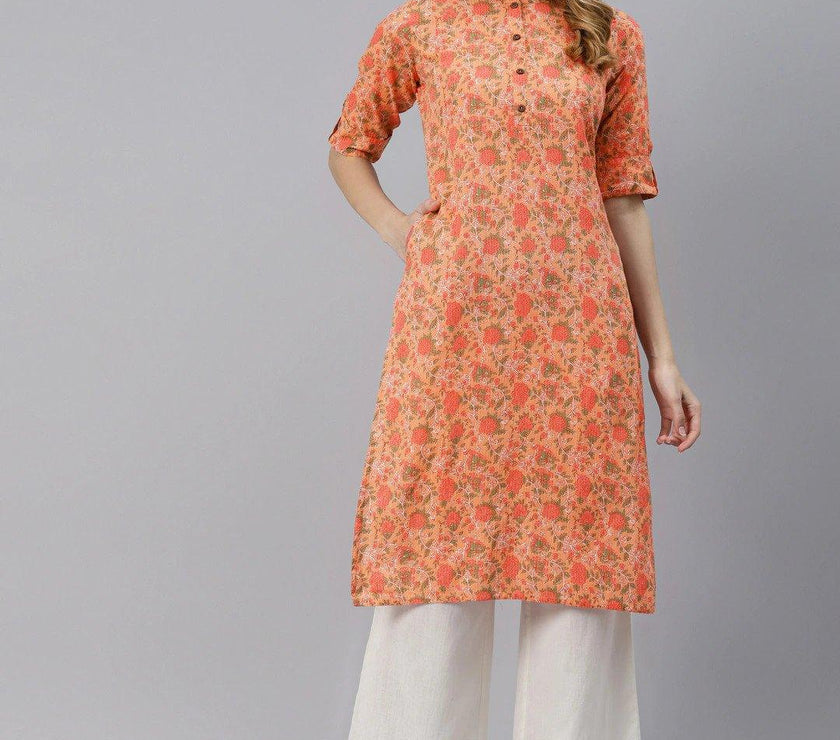 Divena Peach Cotton Straight Kurta - divena world