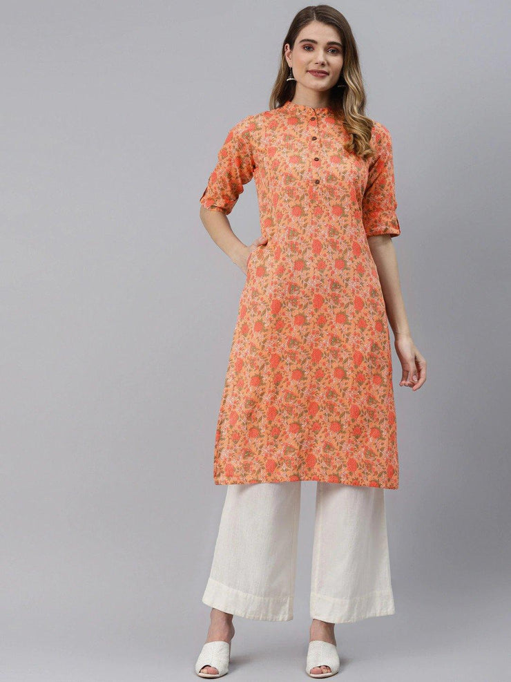 Divena Peach Cotton Straight Kurta - divena world