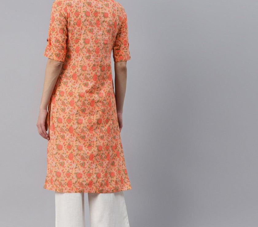 Divena Peach Cotton Straight Kurta - divena world