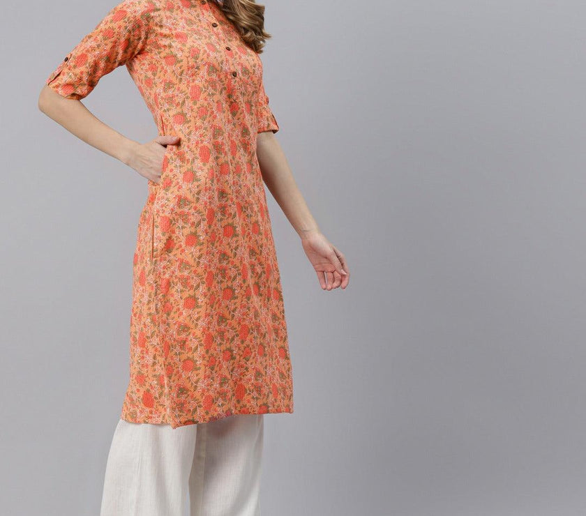 Divena Peach Cotton Straight Kurta - divena world