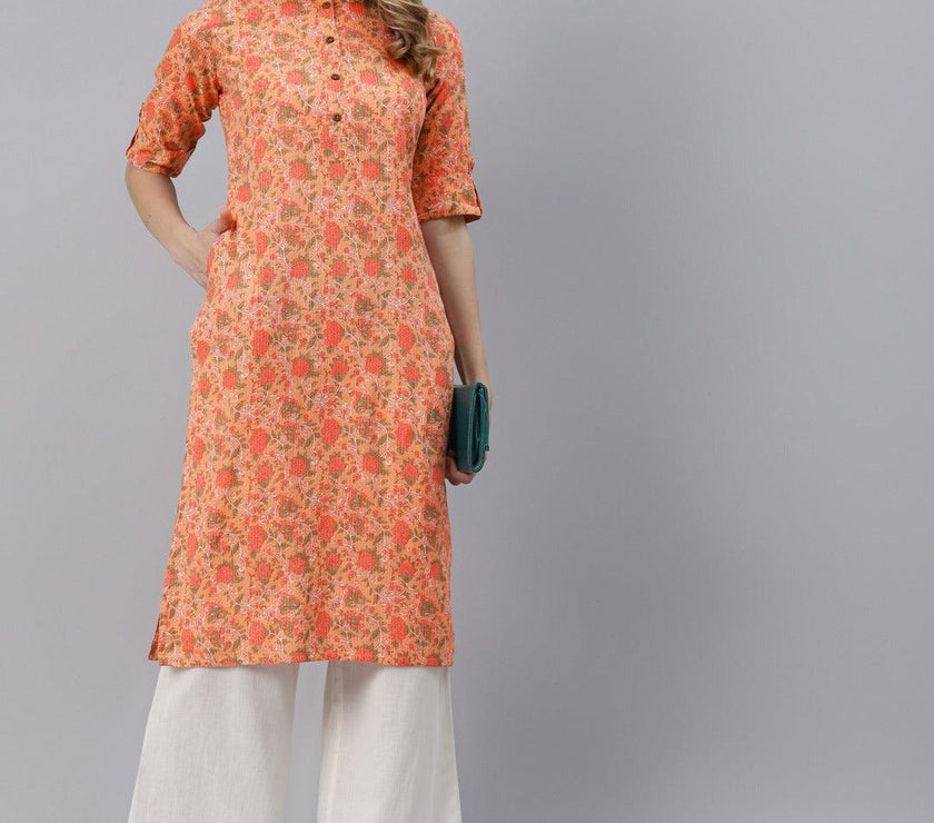 Divena Peach Cotton Straight Kurta - divena world