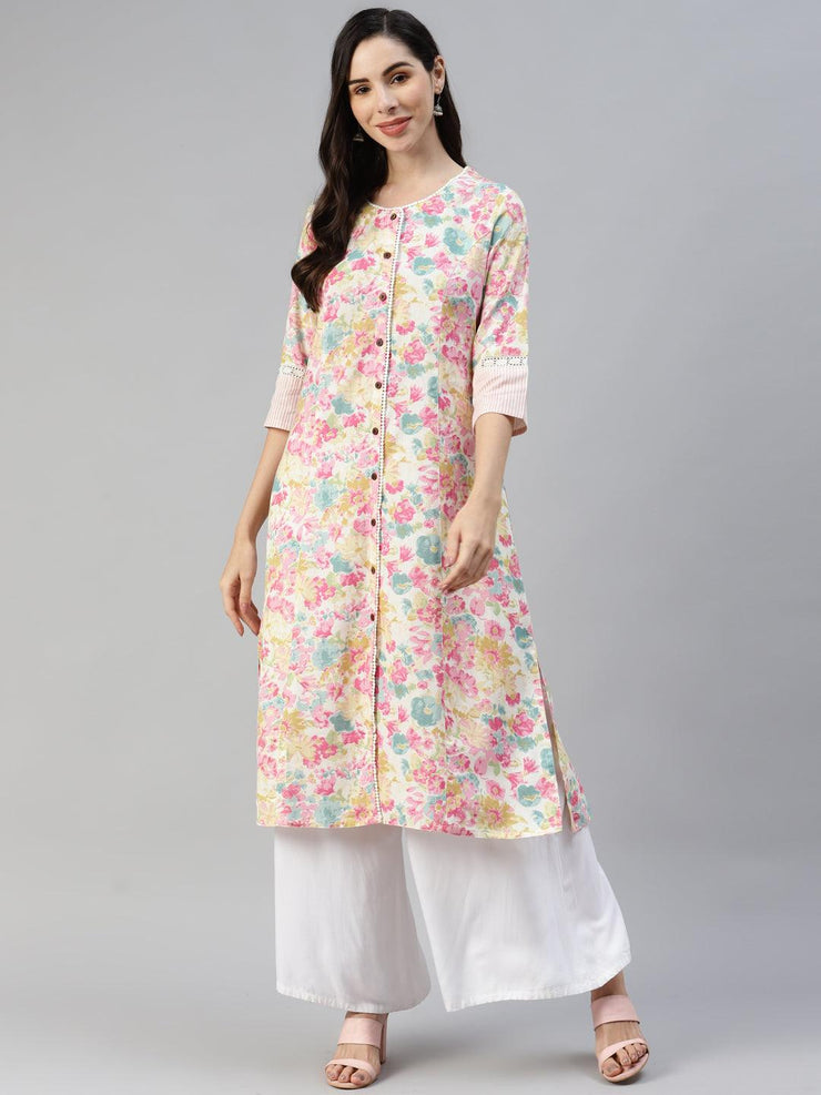 Divena Divena Multi Floral Printed Cotton Flex A-line Kurta - divena world