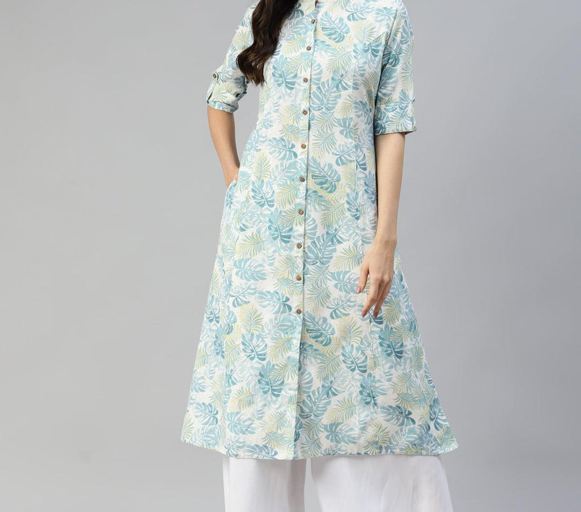 Divena Divena White Floral Printed Cotton Flex A-line Kurta - divena world