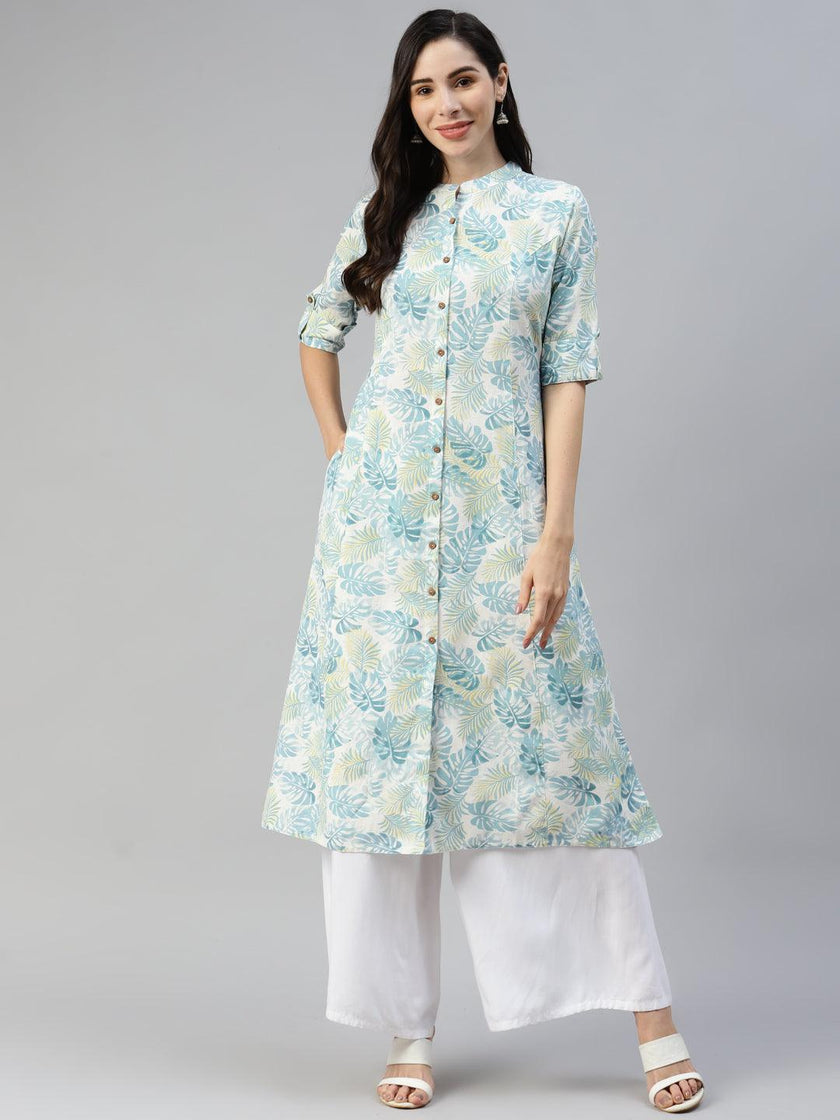 Divena Divena White Floral Printed Cotton Flex A-line Kurta - divena world