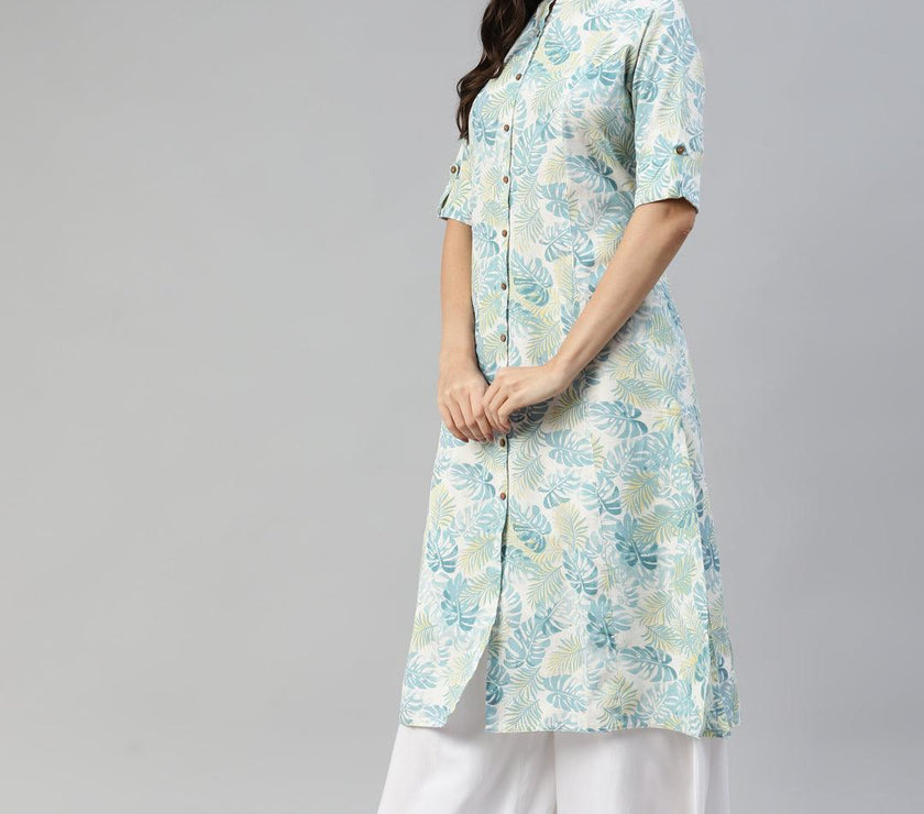 Divena Divena White Floral Printed Cotton Flex A-line Kurta - divena world