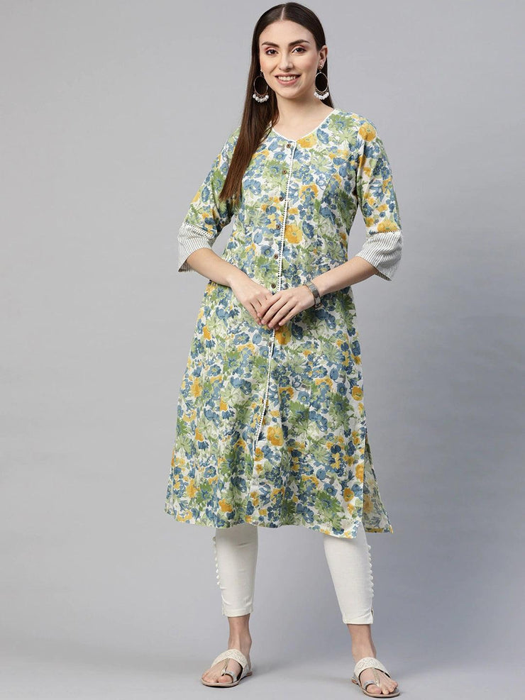 Divena Multi Color Floral Printed Cotton Flex A-line Kurta - divena world