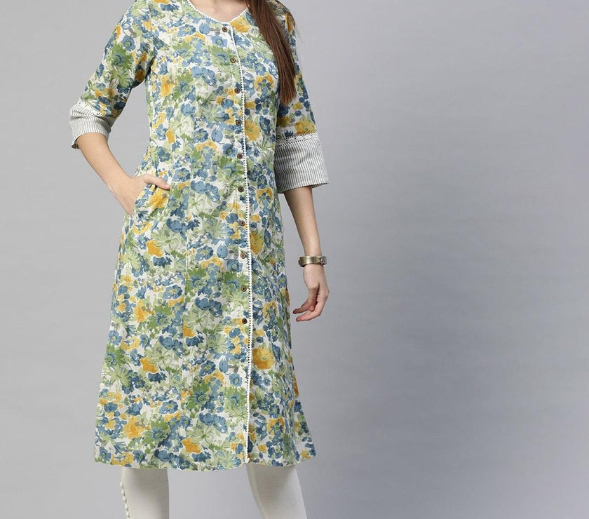 Divena Multi Color Floral Printed Cotton Flex A-line Kurta - divena world