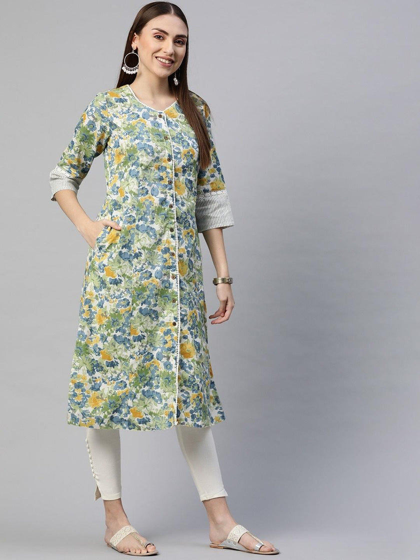 Divena Multi Color Floral Printed Cotton Flex A-line Kurta - divena world