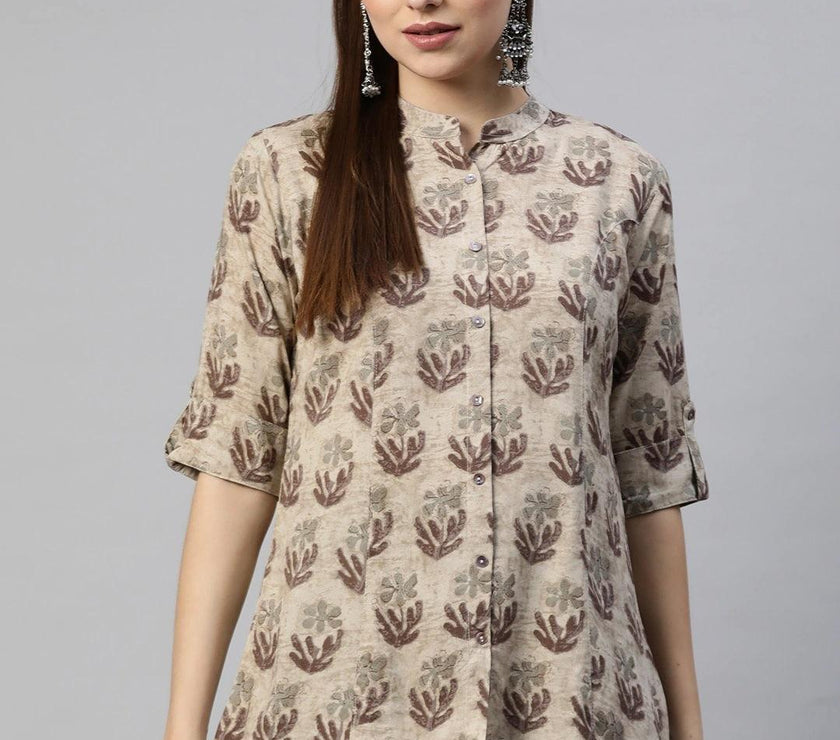 Divena Brown Floral Rayon A-Line Shirt Style Top - divena world