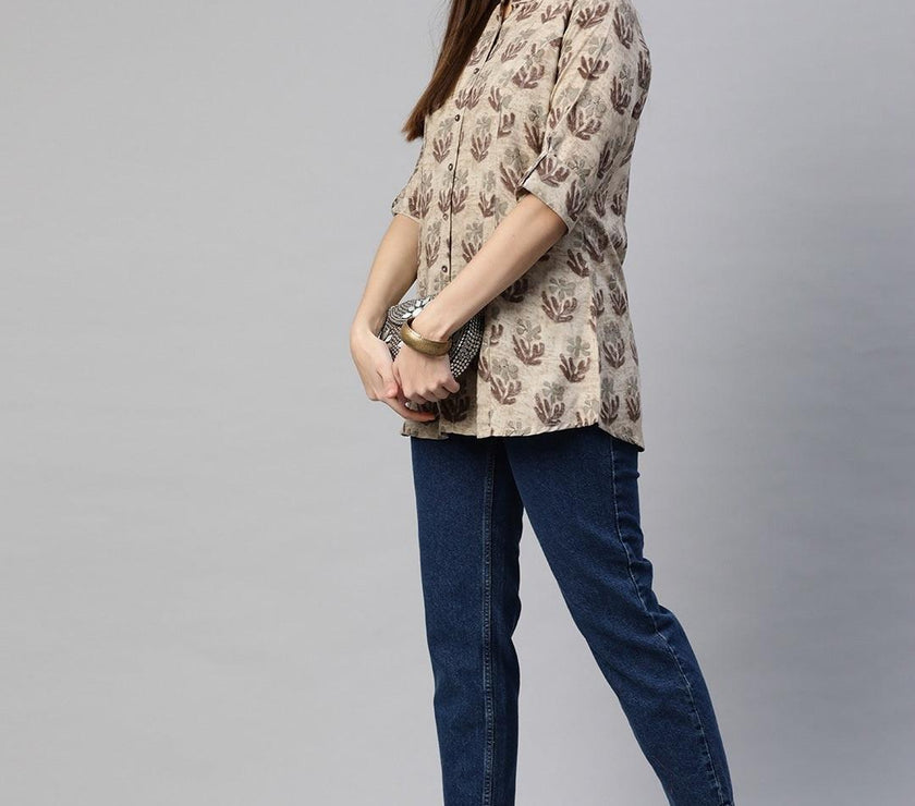 Divena Brown Floral Rayon A-Line Shirt Style Top - divena world