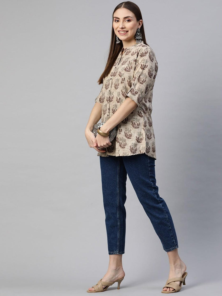 Divena Brown Floral Rayon A-Line Shirt Style Top - divena world