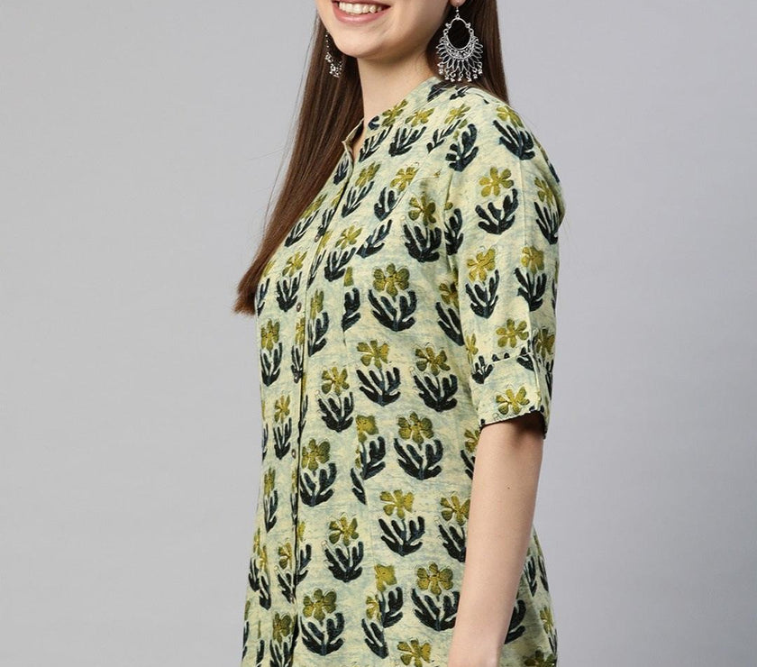 Divena Green Blue Floral Rayon A-line Shirt Style Top - divena world