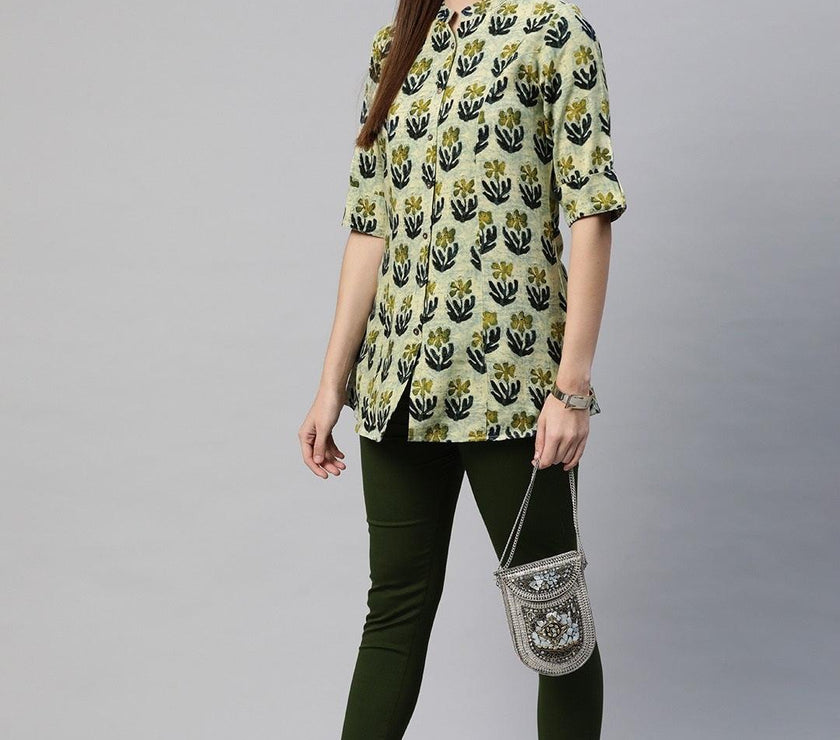 Divena Green Blue Floral Rayon A-line Shirt Style Top - divena world