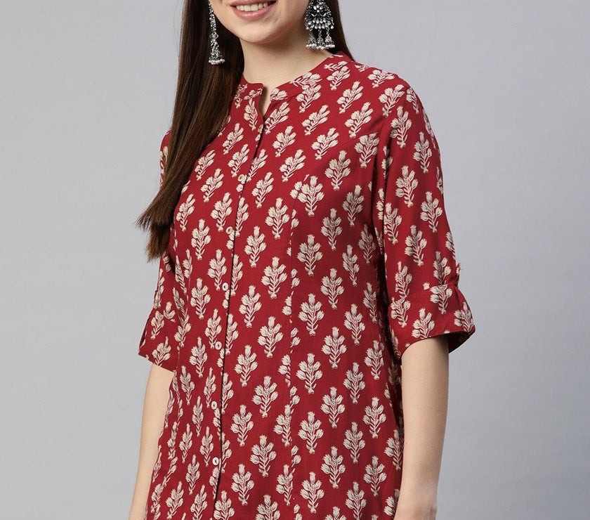 Divena Dark Maroon Floral Rayon A-line Shirts Style Top - divena world