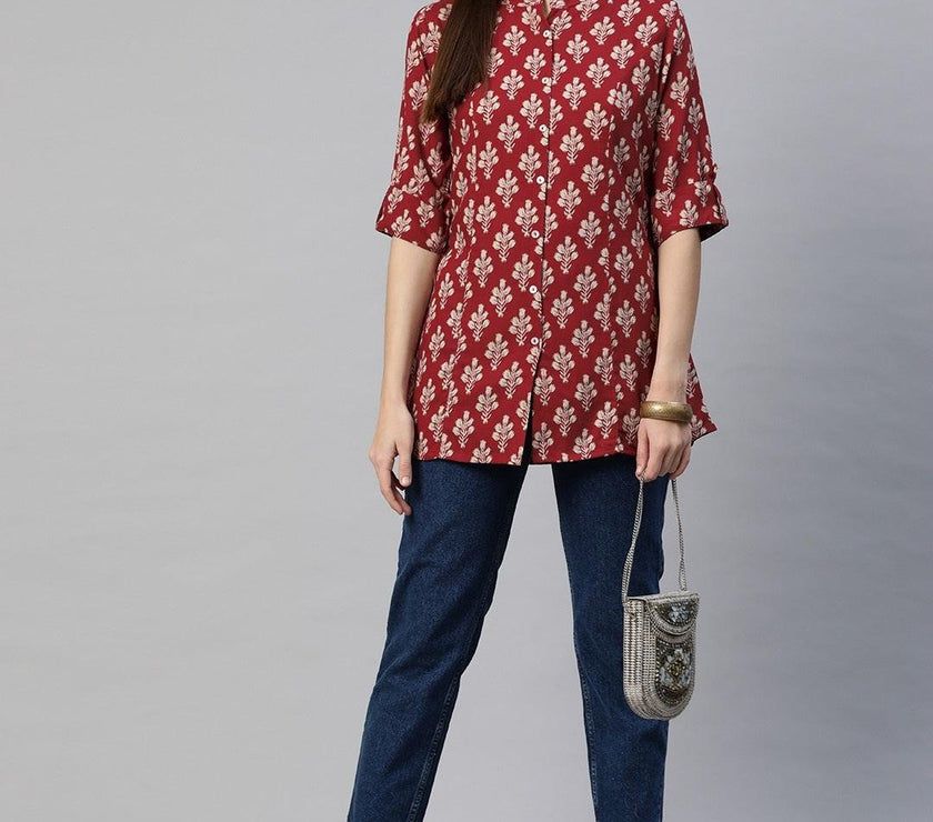 Divena Dark Maroon Floral Rayon A-line Shirts Style Top - divena world