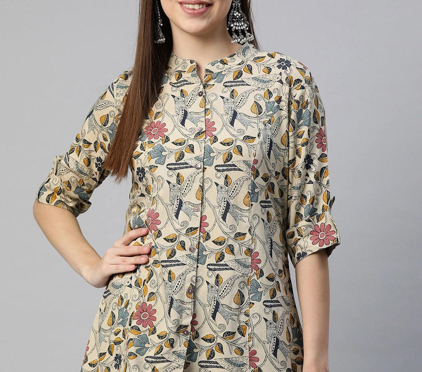 Divena Beige Multi Floral Rayon A-line Shirts Style Top - divena world