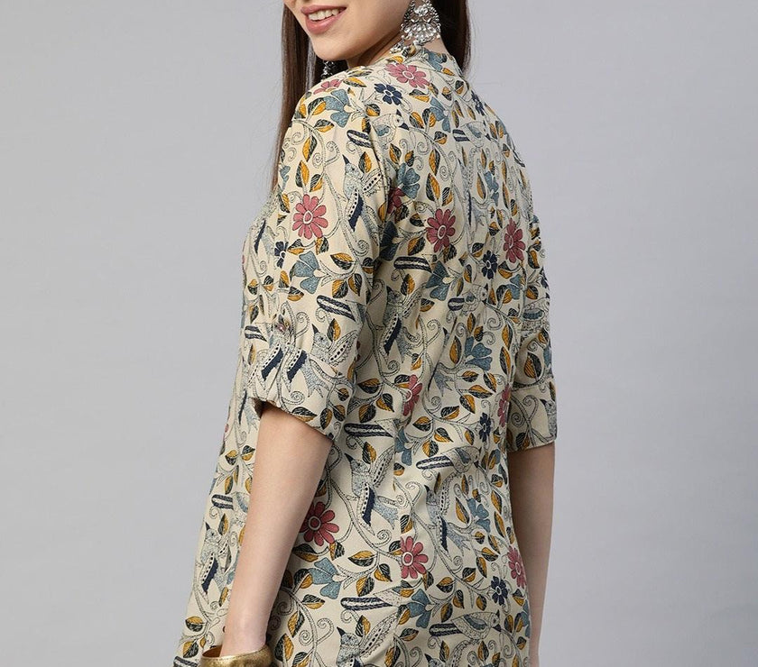 Divena Beige Multi Floral Rayon A-line Shirts Style Top - divena world