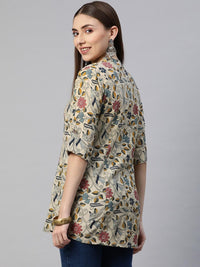 Divena Beige Multi Floral Rayon A-line Shirts Style Top - divena world