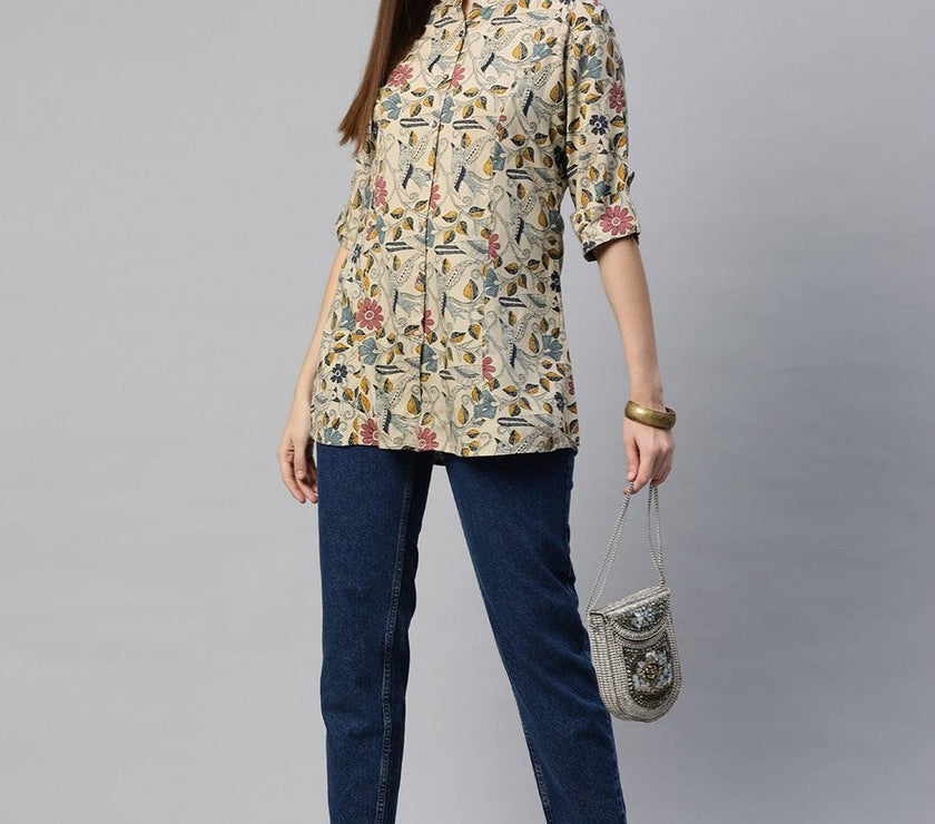 Divena Beige Multi Floral Rayon A-line Shirts Style Top - divena world