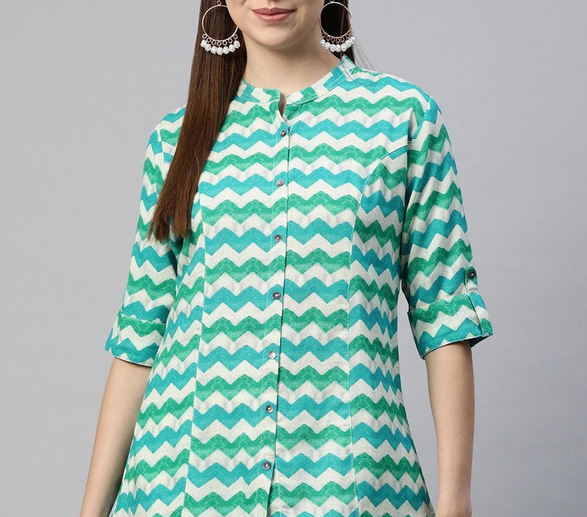 Divena Teal Blue Geomatric Rayon A-line Shirts Style Top - divena world