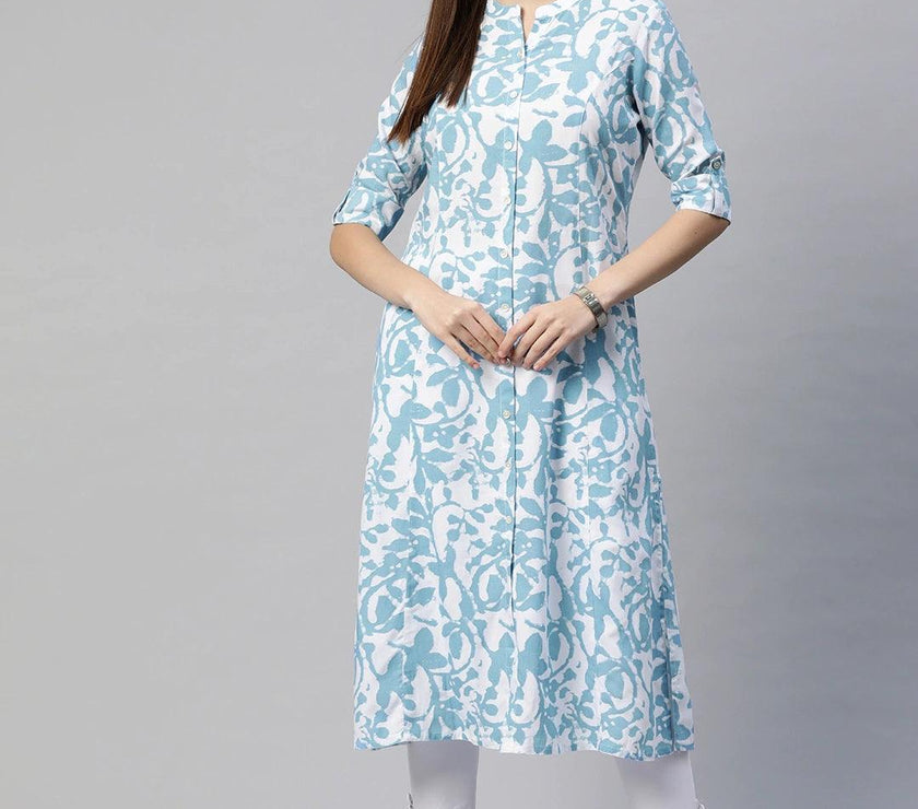 Divena White Blue Cotton A-Line Kurta - divena world