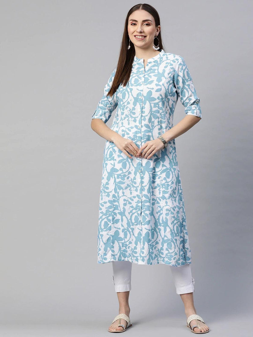 Divena White Blue Cotton A-Line Kurta - divena world