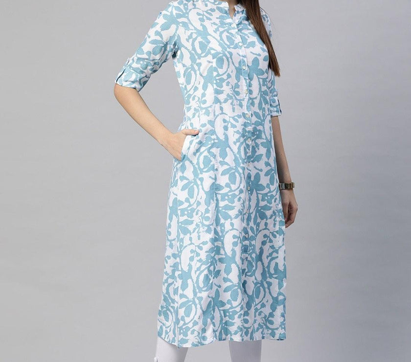 Divena White Blue Cotton A-Line Kurta - divena world