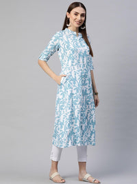 Divena White Blue Cotton A-Line Kurta - divena world