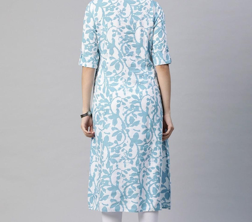 Divena White Blue Cotton A-Line Kurta - divena world