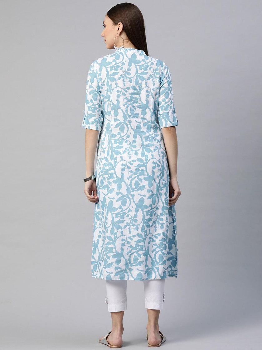 Divena White Blue Cotton A-Line Kurta - divena world