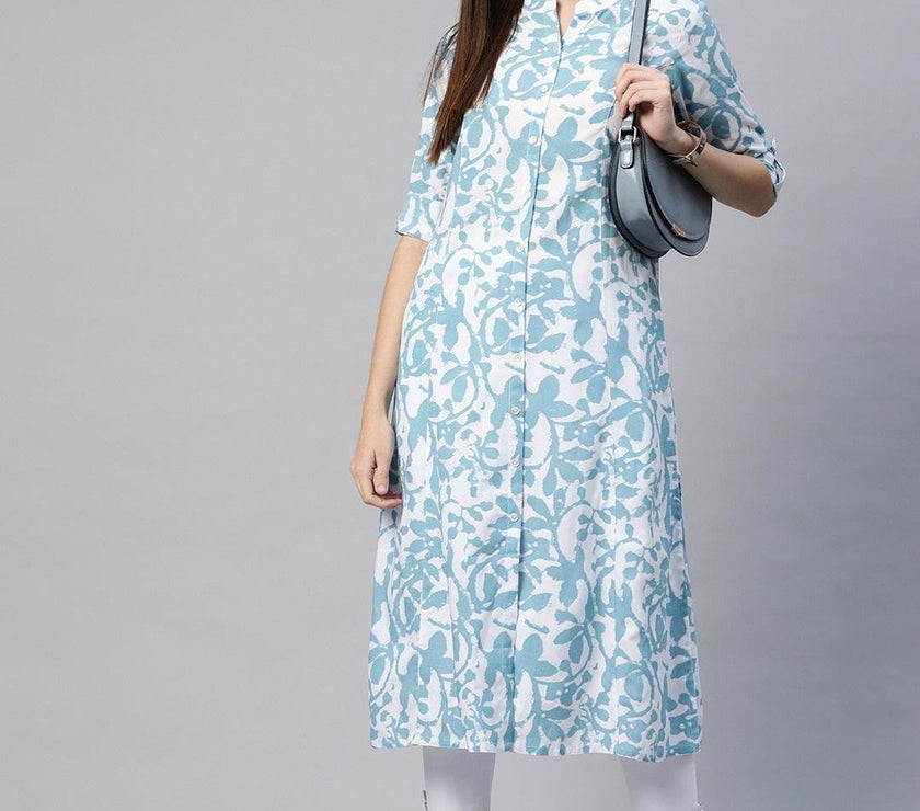 Divena White Blue Cotton A-Line Kurta - divena world