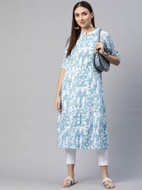 Divena White Blue Cotton A-Line Kurta - divena world