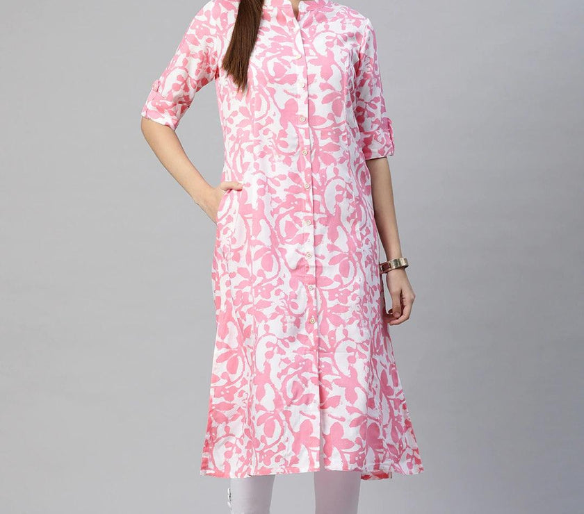 Divena White-Pink Cotton A-Line Kurta - divena world