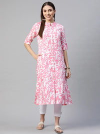 Divena White-Pink Cotton A-Line Kurta - divena world