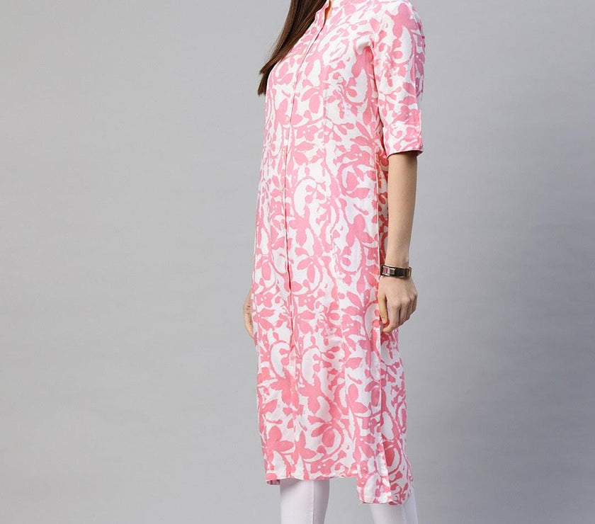 Divena White-Pink Cotton A-Line Kurta - divena world