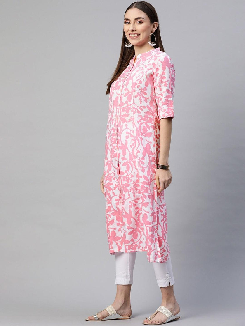 Divena White-Pink Cotton A-Line Kurta - divena world