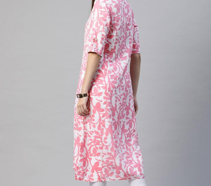 Divena White-Pink Cotton A-Line Kurta - divena world