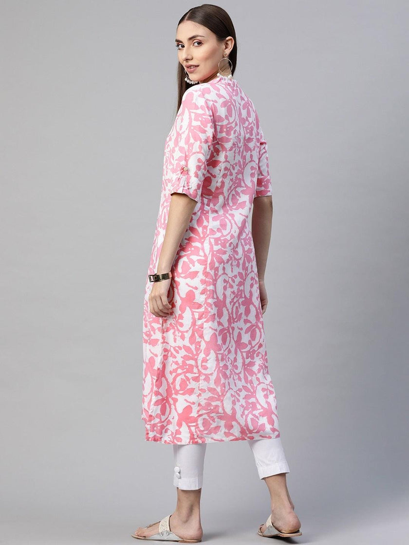 Divena White-Pink Cotton A-Line Kurta - divena world