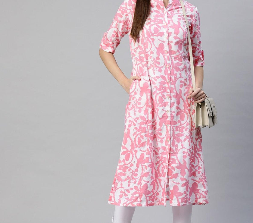 Divena White-Pink Cotton A-Line Kurta - divena world