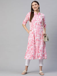 Divena White-Pink Cotton A-Line Kurta - divena world