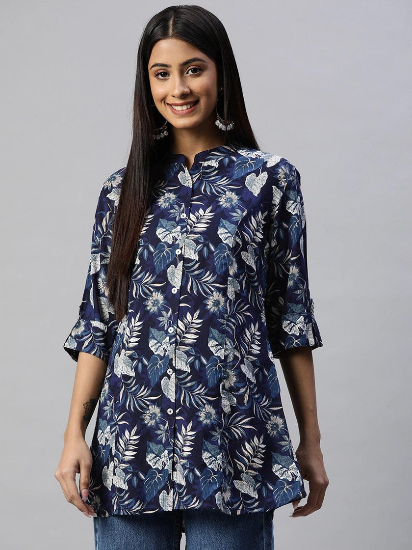 Divena Navy Blue Rayon Printed Top - divena world